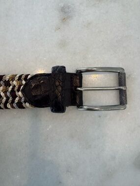 W. Kleinberg Woven Braided Crocodile-Trim Men’s Belt - Brown/Beige